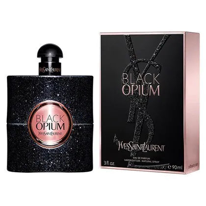 YSL Black Opium Eau de Parfum bold coffee-infused fragrance with mysterious allure in a luxe black bottle.
