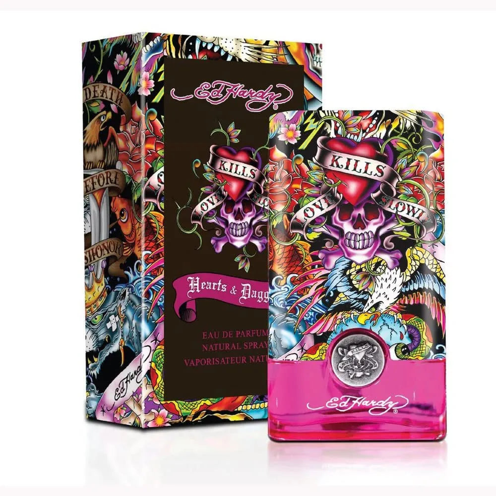 Ed Hardy Hearts fragrance bottle with colorful and edgy tattoo-inspired design.
