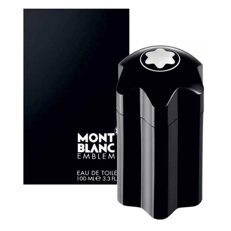 Montblanc Emblem perfume bottle with a bold, dark design.
