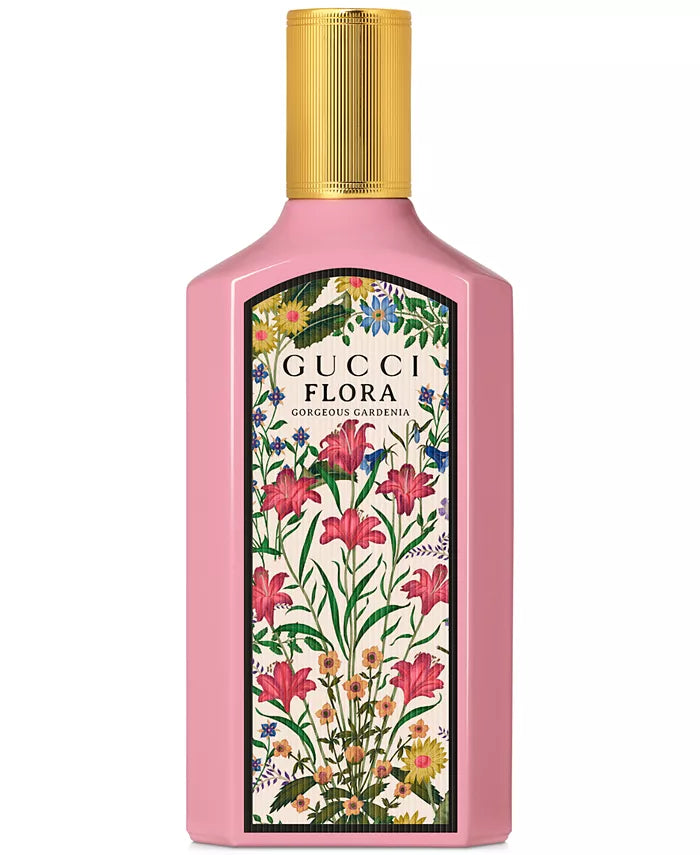 Gucci Flora perfume bottle – fresh rose and peony scent in a floral-patterned flacon.

