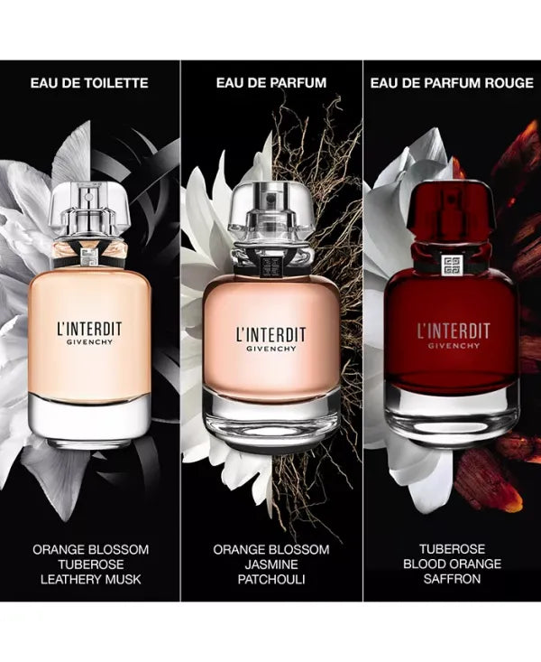 Three Givenchy L'Interdit perfumes: Eau de Toilette, Eau de Parfum, and Eau de Parfum Rouge
