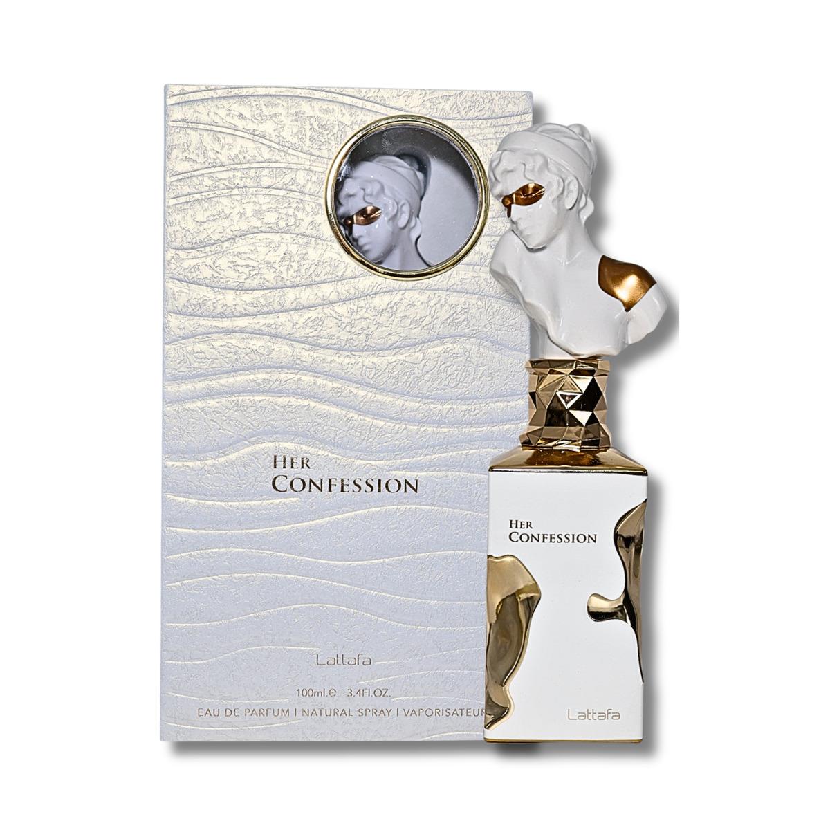 Lattafa Her Confession EDP with rich woody-floral fragrance, blending modern femininity with classic depth.
