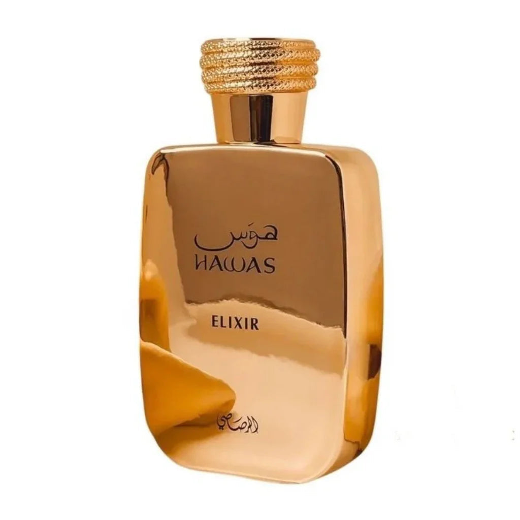Hawas Elixir featuring deep oud, floral, and spicy notes for an exotic and luxurious aroma.
