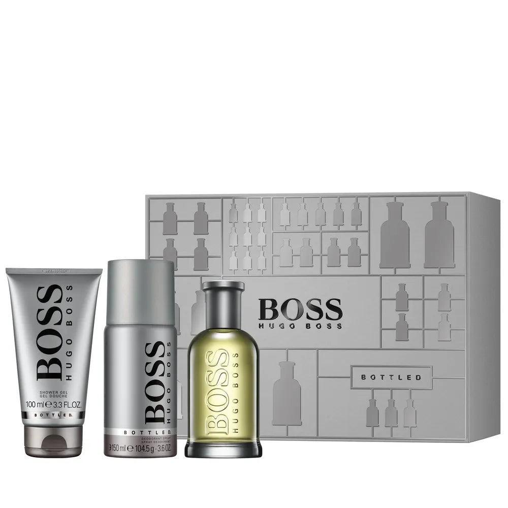 Hugo Boss Bottled set – classic fruity-spicy masculine scent trio in gift packaging.
