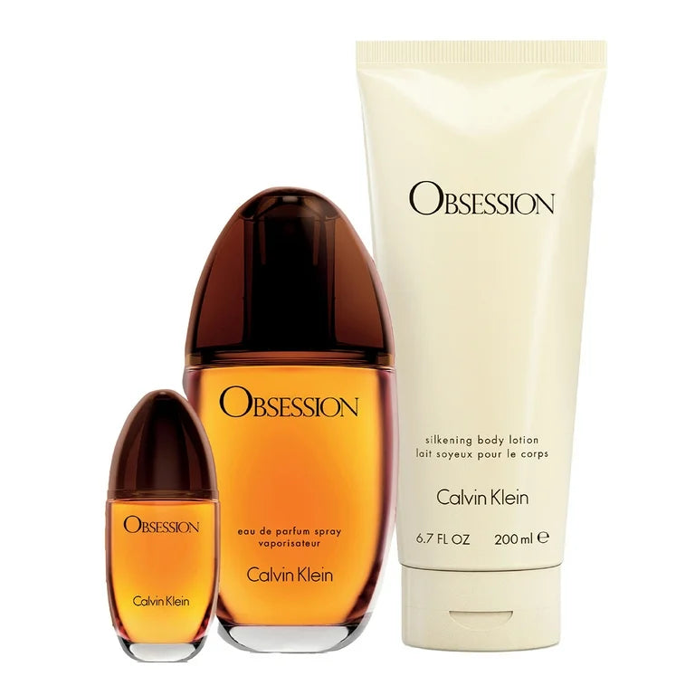 Obsession Gift Set—Eau de Parfum with amber, vanilla, spices & Silkening Body Lotion.

