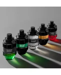 Four Viktor & Rolf Spicebomb fragrances in grenade-shaped bottles from original to Night Vision variations.
