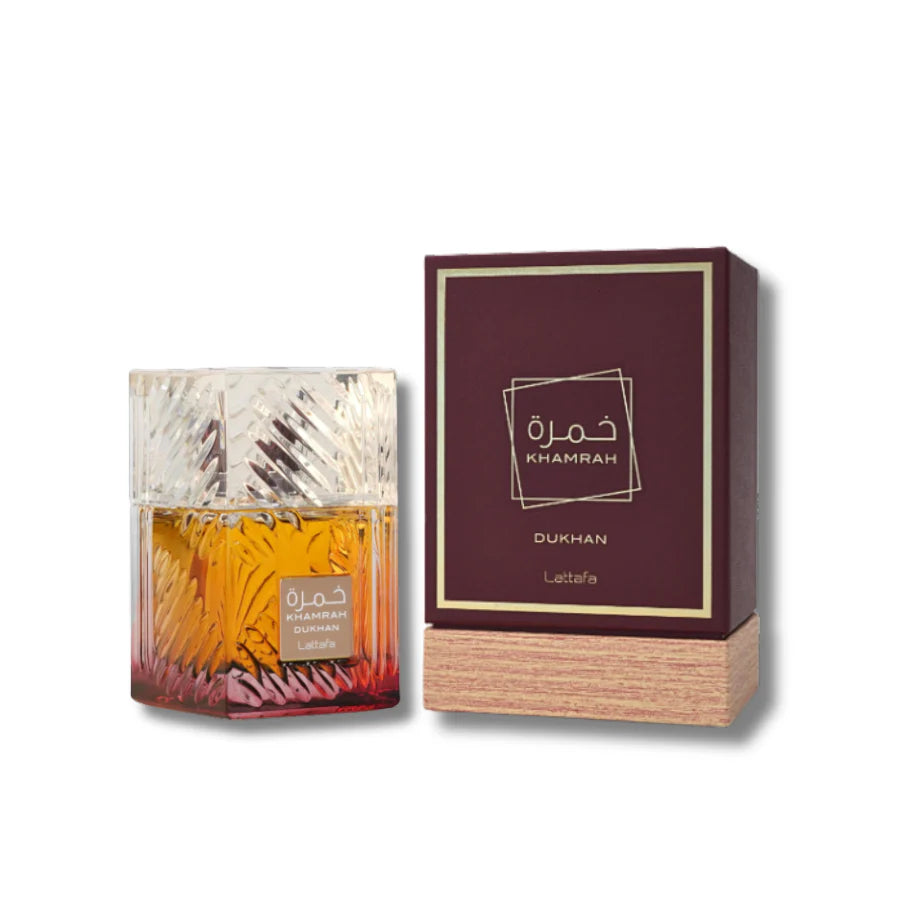 Khamrah fragrance bottle - Rich, exotic scent with spicy, floral and woody notes.
