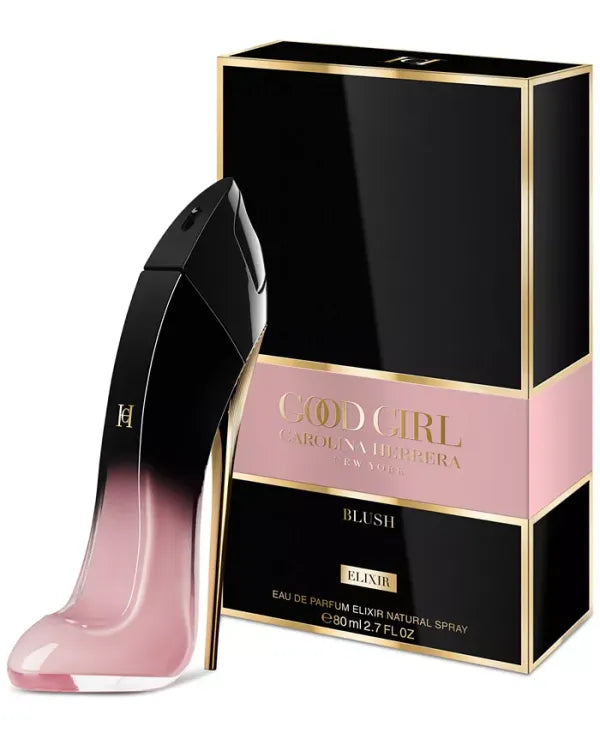 Good Girl Blush Elixir EDP—black-to-pink stiletto bottle with rose, vanilla & patchouli.
