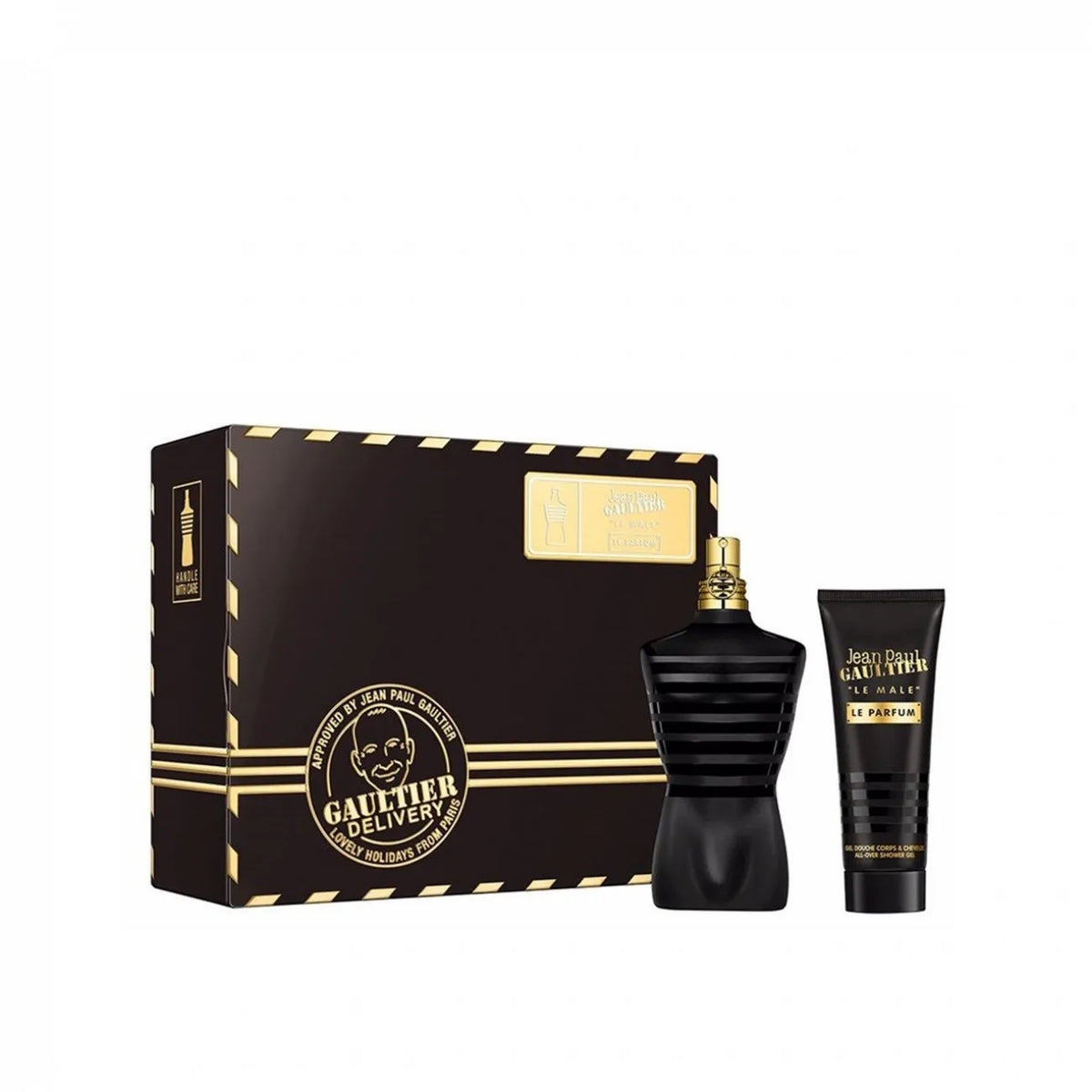 Jean Paul Gaultier Le Male Le Parfum gift set with Eau de Parfum and shower gel, woody oriental scent.
