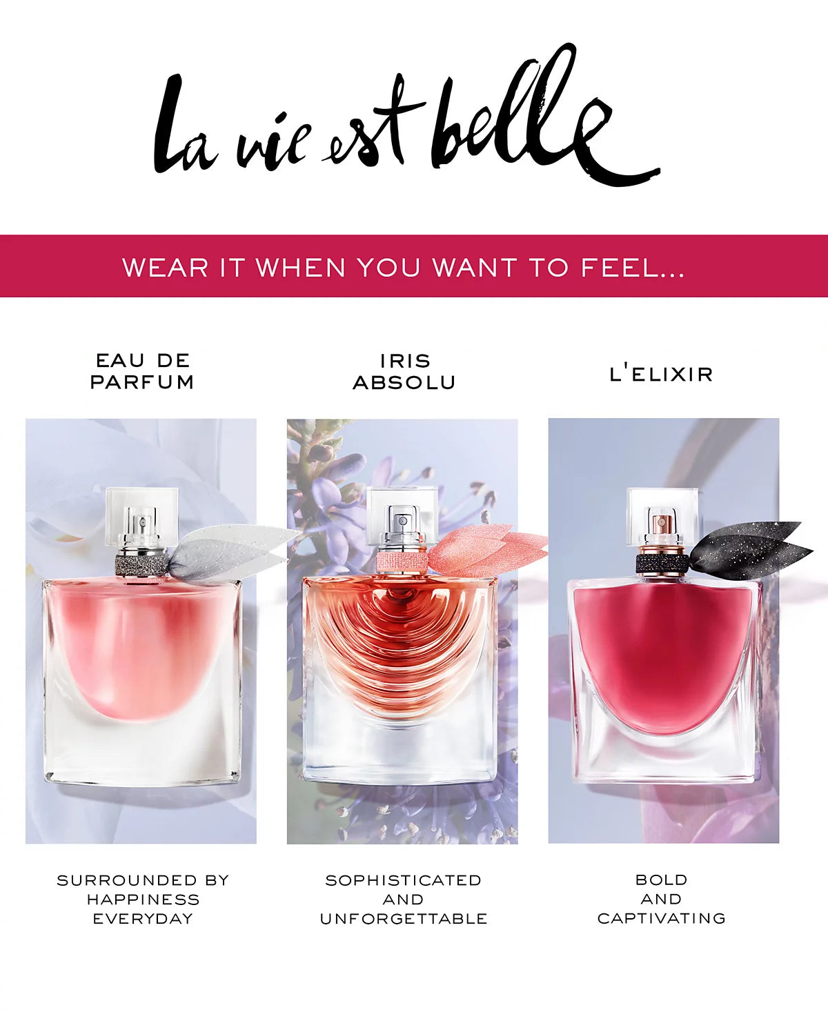 Lancôme La Vie Est Belle fragrance bottles with elegant curved designs and pink accents.
