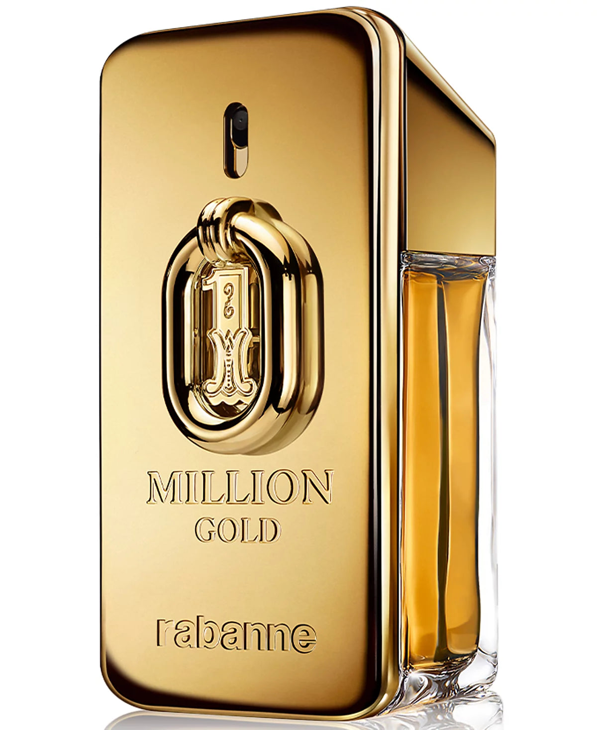 Paco Rabanne Million Gold Intense Eau de Parfum in a gold ingot-shaped bottle with XL chain.
