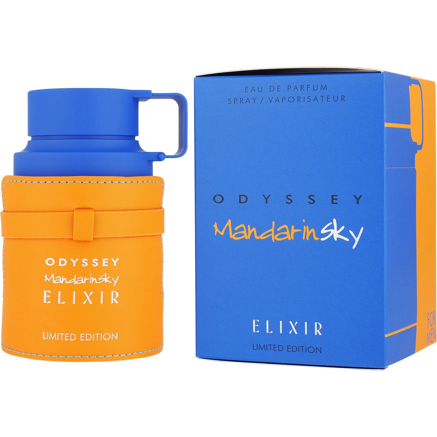 Odyssey Mandarin Sky Elixir perfume bottle and packaging on a white background