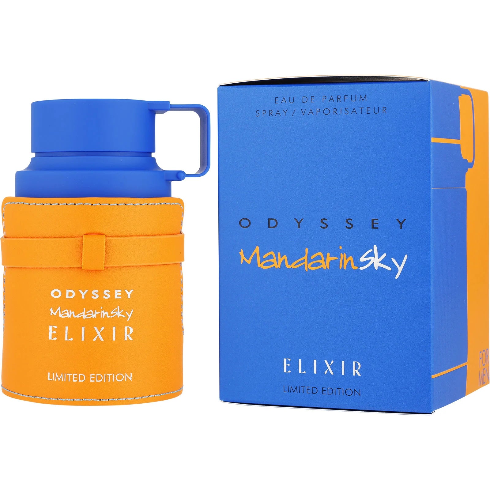 Odyssey Mandarin Sky Elixir perfume bottle and packaging on a white background