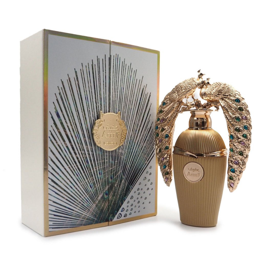 Perfume bottle showcasing unique design - Luxurious fragrance with sweet and woody notes.
