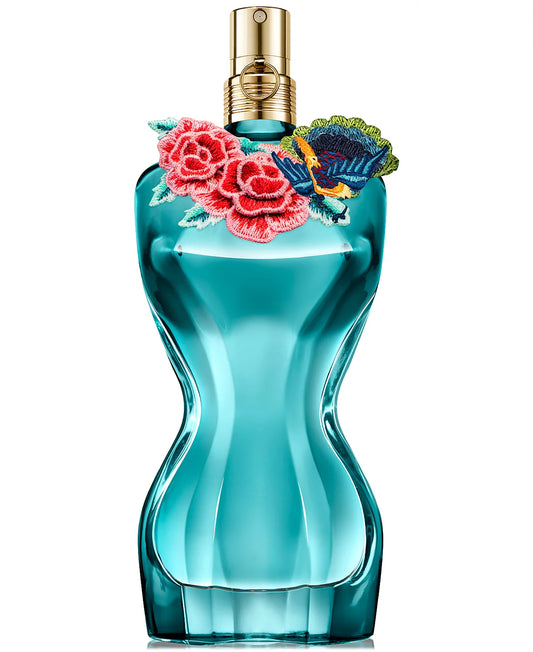 Blue perfume bottle with floral design and gold spray nozzle on a white background