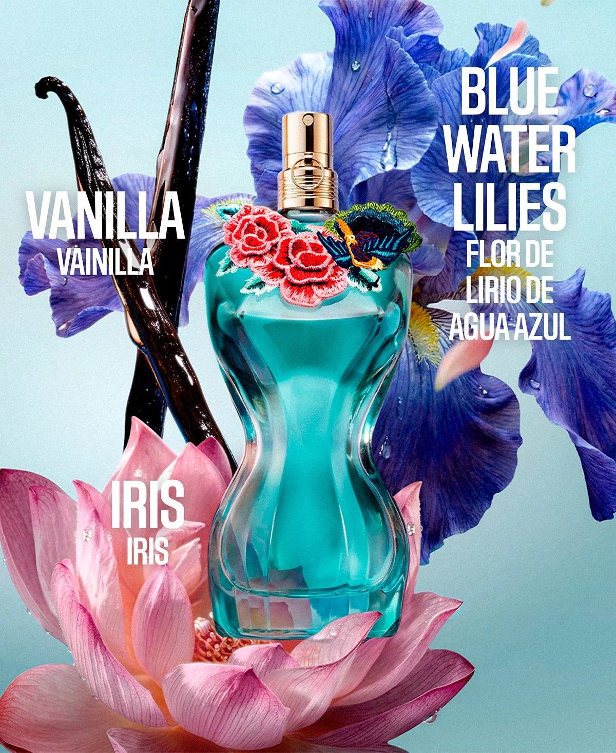 Perfume bottle with floral elements and text on a light blue background