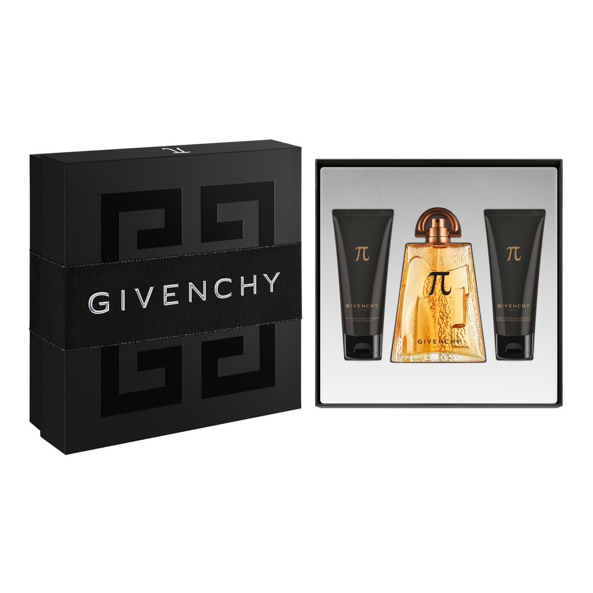 Givenchy Men’s Pi EDT gift set with fragrance, shampoo, and after-shave; woody oriental scent.
