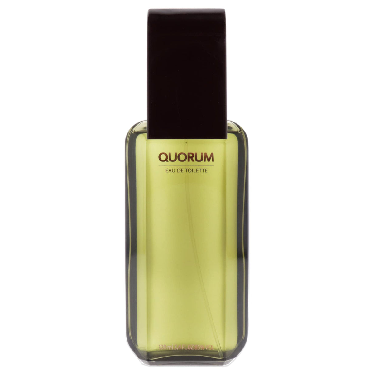 Perfume bottle labeled 'Quorum' on a white background