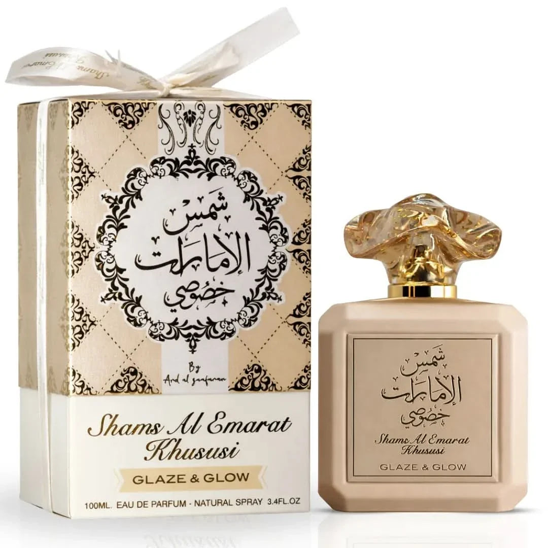 Shams Al Emarat Rhususi perfume bottle and packaging on a white background