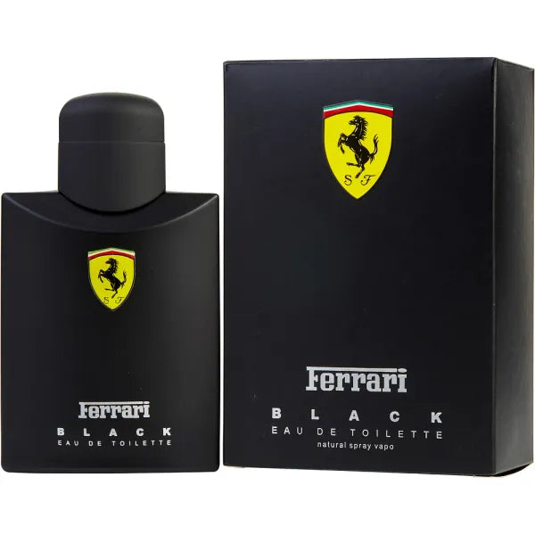 Ferrari Black EDT for men, a fruity spicy scent with apple, cinnamon, vanilla, and musk notes.
