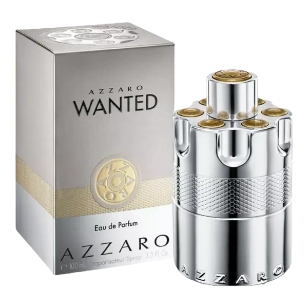 Azzaro Wanted EDP in sleek metallic design, representing bold and spicy masculine fragrance.
