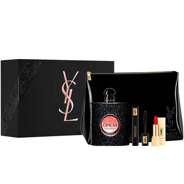 YSL Black Opium with rich coffee and vanilla notes, paired with Rouge Pur Couture lipstick and pouch.
